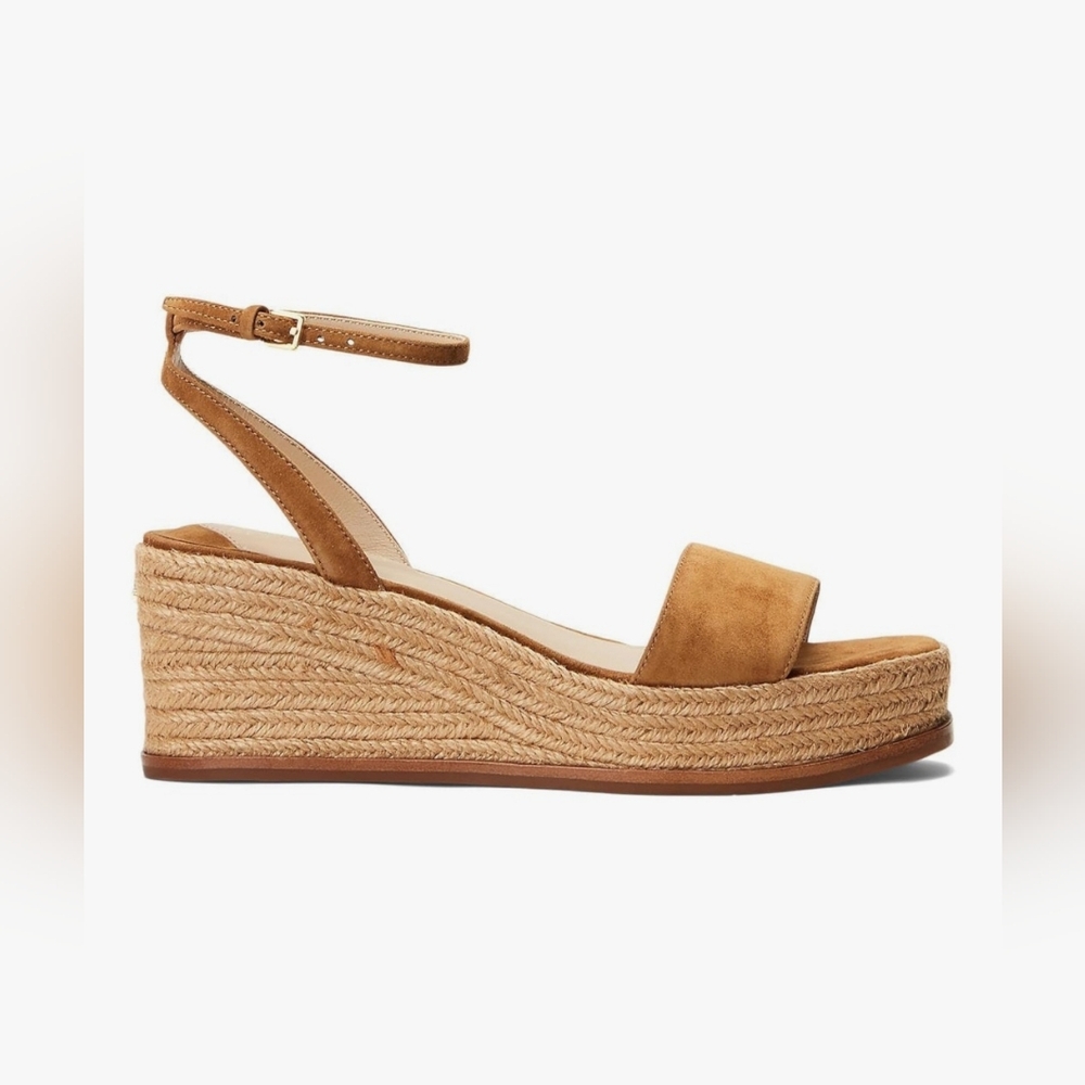 Lauren Ralph Lauren Leona Suede Leather Espadrille Heel Camel Whiskey Brown 9 - Picture 3 of 4
